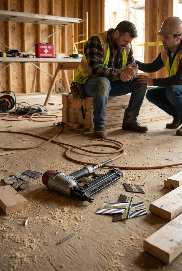 Construction worker with a hand injury being assisted at an indoor worksite.