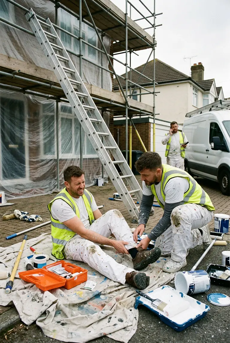Worker receiving first aid after a ladder-related injury at a residential construction site.