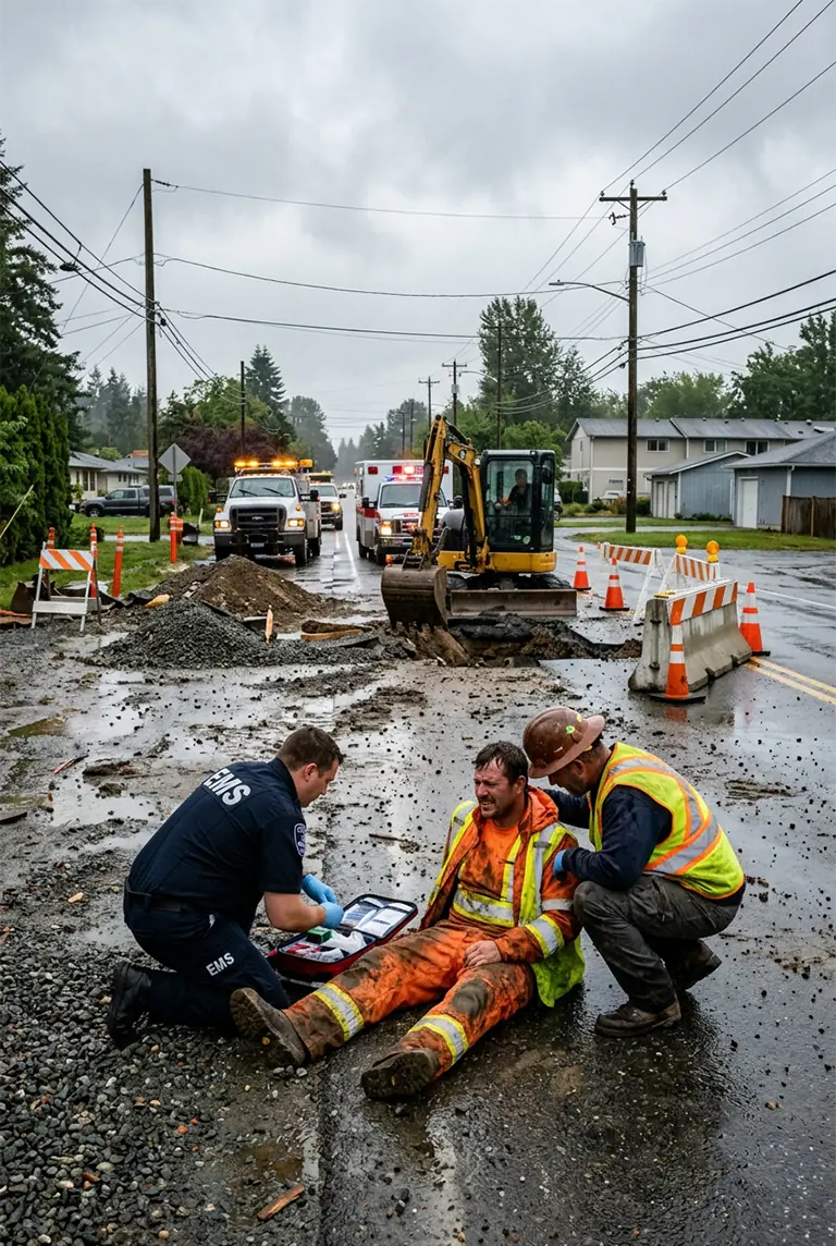 Injured road worker being treated beside excavation equipment on a wet roadway.