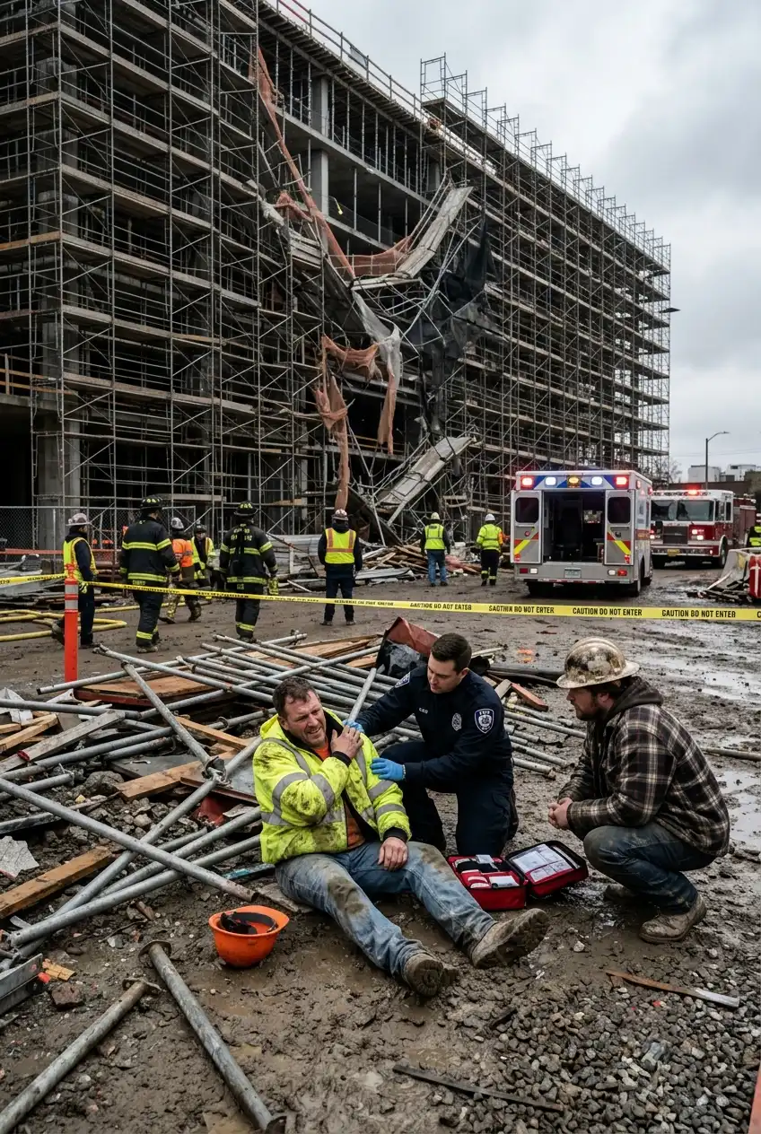 Injured worker receiving medical assistance after a scaffolding collapse at a construction site.