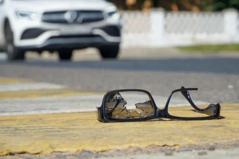 Shattered eyeglasses on a crosswalk stripe, with a blurry white car in the background.